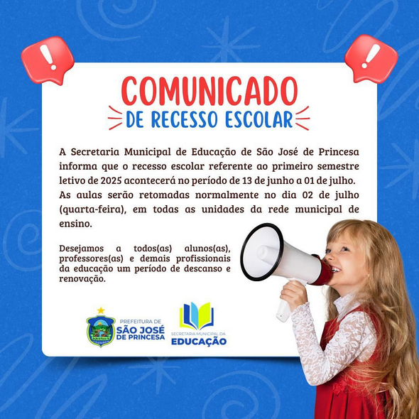 Educação informa período de recesso escolar